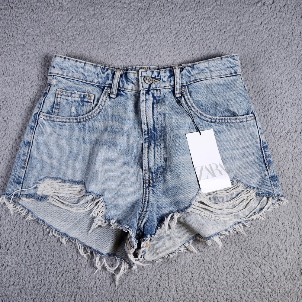 Zara Curved Denim Shorts 6 High Rise Distressed Ripped Daisy Duke Raw Hem New